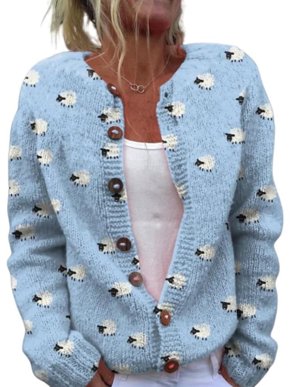 Women’s Light Blue Sheep Print Knit Button Down Cardigan Sweater Top
